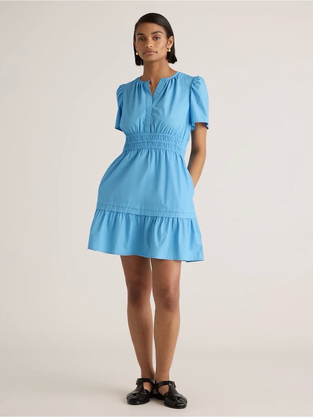 Quince Organic Cotton Poplin Smocked Tiered Mini Dress Blue XL